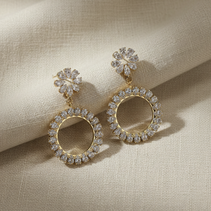 Crystal Circle Drop Earrings with Floral Stud