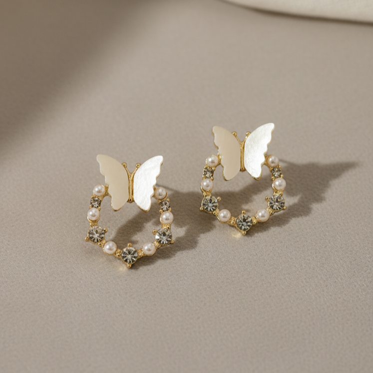 Crystal Butterfly Pearl Earrings