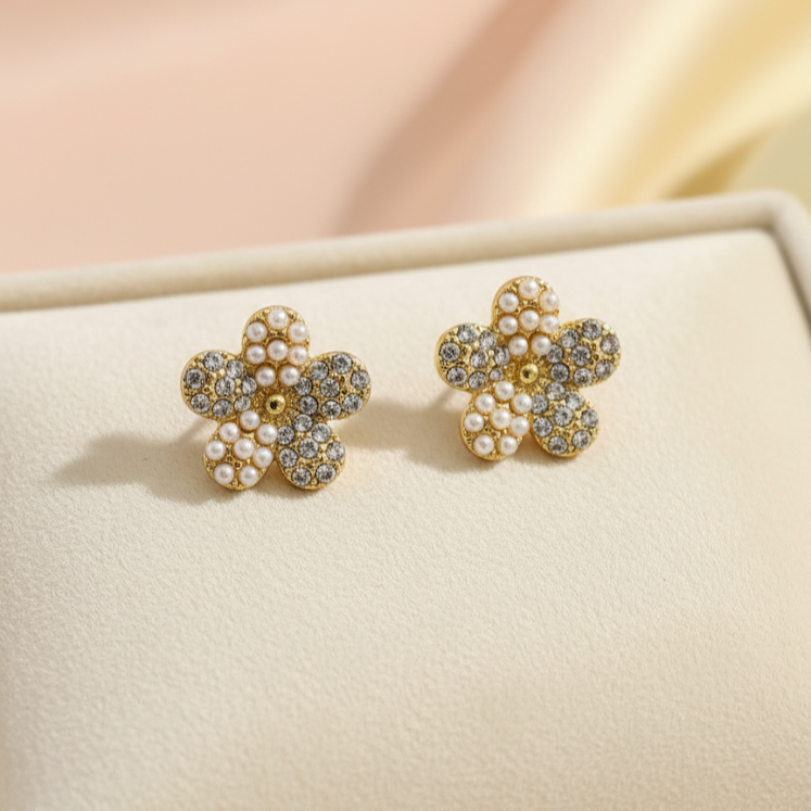 Dainty Flower Studs with Pearls and crystals