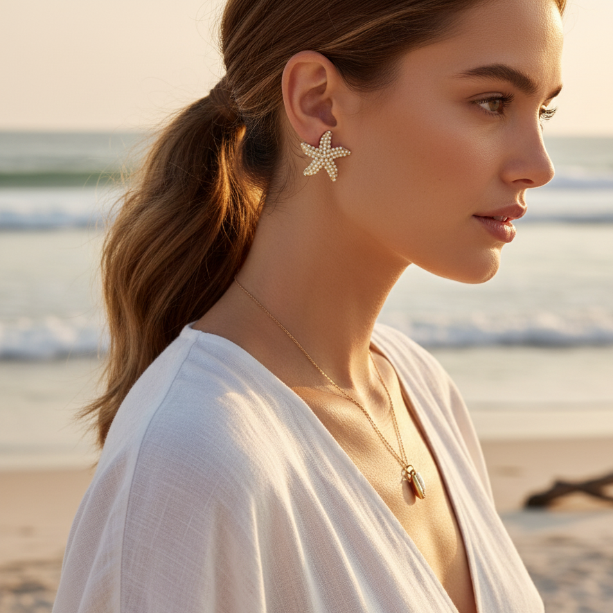 Golden Pearl Starfish Earrings