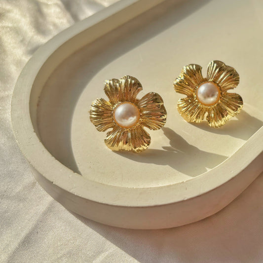 Gold Flower Pearl Stud Earrings