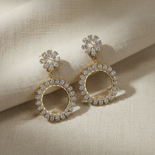 Crystal Circle Drop Earrings with Floral Stud