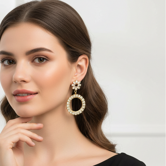 Crystal Circle Drop Earrings with Floral Stud
