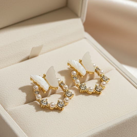 Crystal Butterfly Pearl Earrings