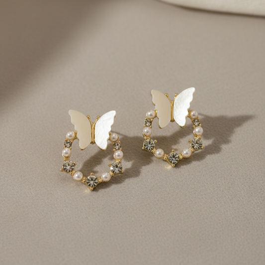 Crystal Butterfly Pearl Earrings