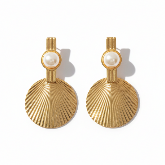 Gold Fan Pearl Drop Earrings