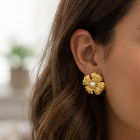 Gold Flower Pearl Stud Earrings