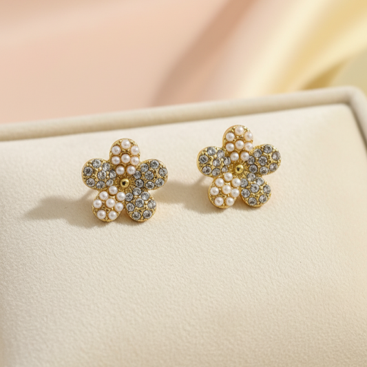 Dainty Flower Studs with Pearls and crystals