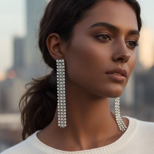 Silver Rhinestone Long Chain Drop Earrings