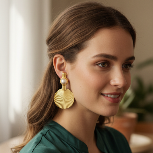Gold Fan Pearl Drop Earrings