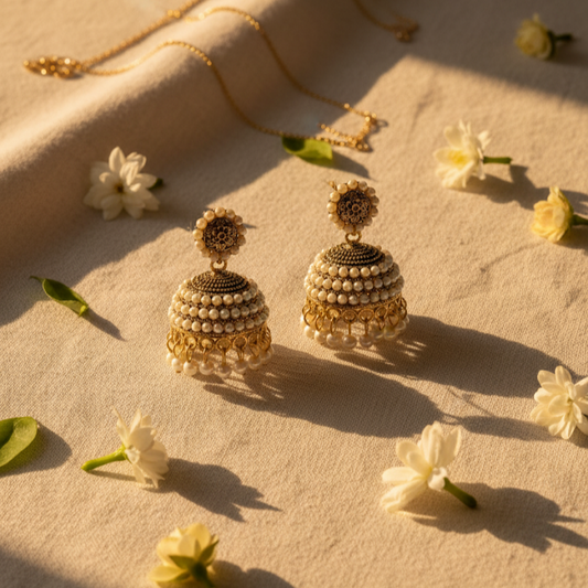 Gold Pearl Jhumka Earrings